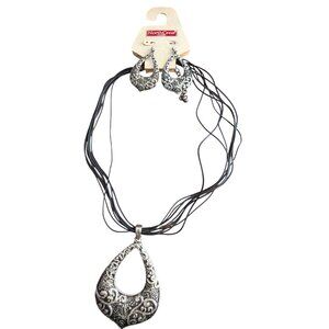 Northcrest Classic Silver Tone Pendant Necklace Earrings Set Black Cord NWT